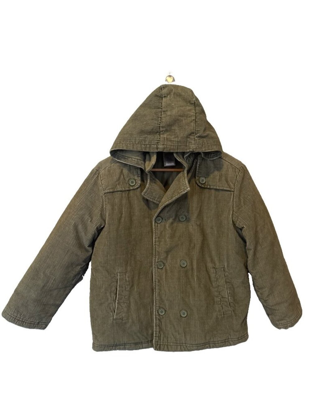 Gymboree 10-12 Green Corduroy Lined Double-Breasted Pea Coat button Hooded